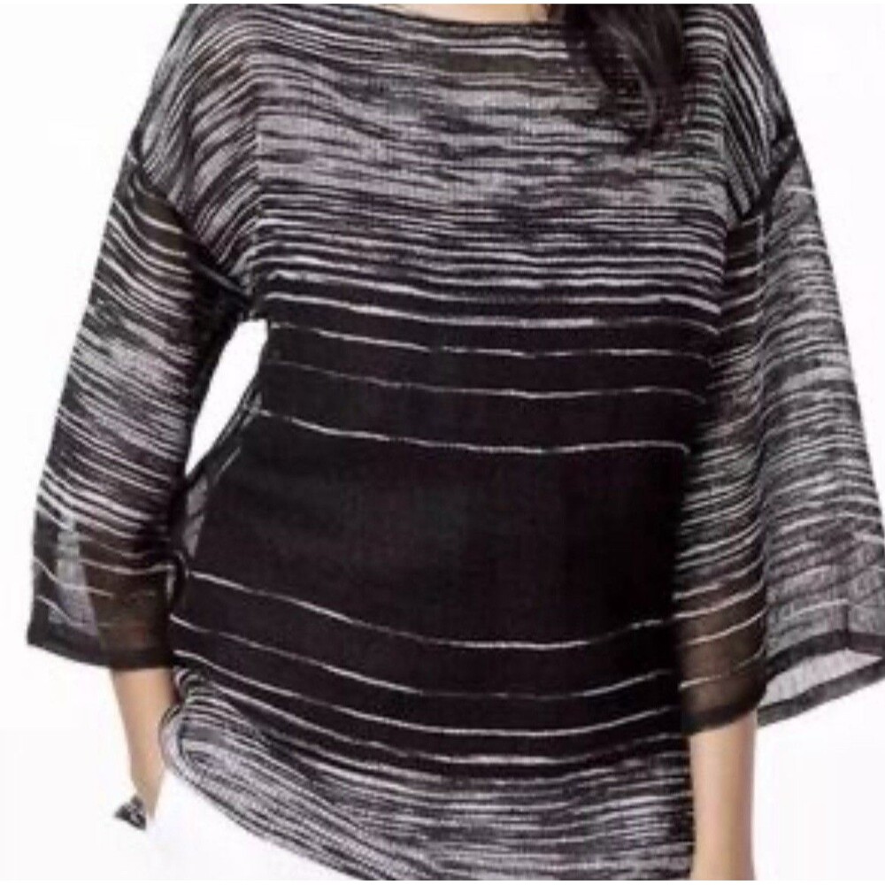 Eileen Fisher Organic Linen Blend‎ Knit Top Small Black Striped Long Sleeve
